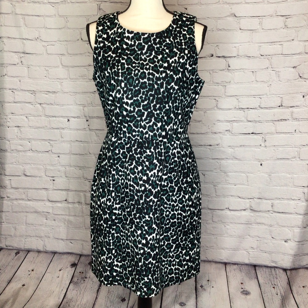 J Crew Factory Green Black Leopard Print Sleeveless Cotton Shift Dress 6